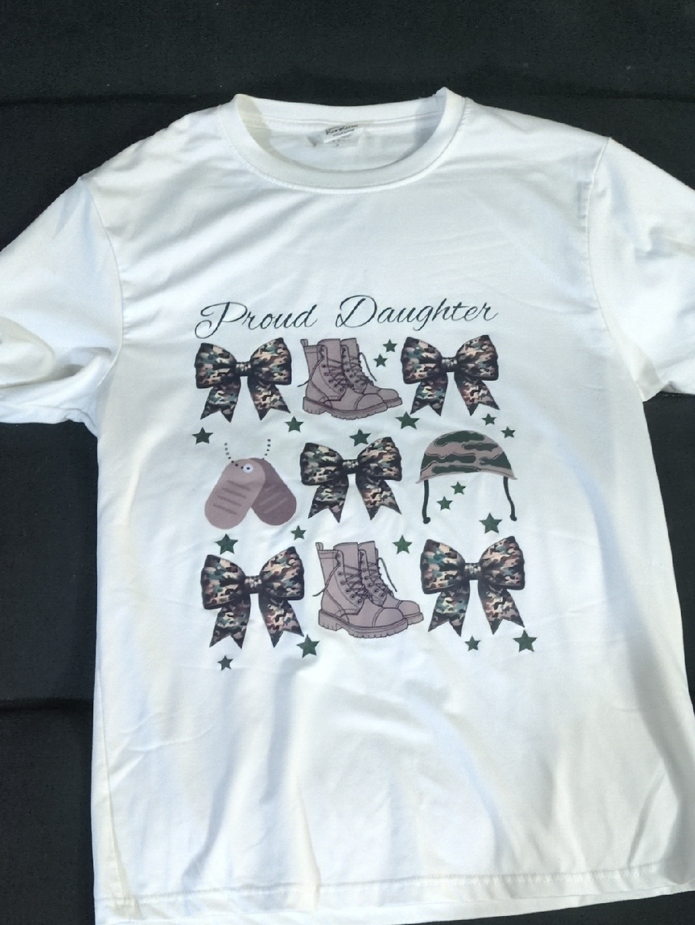 "Proud Daughter" White Graphic Tee with Camo Bows & Boots